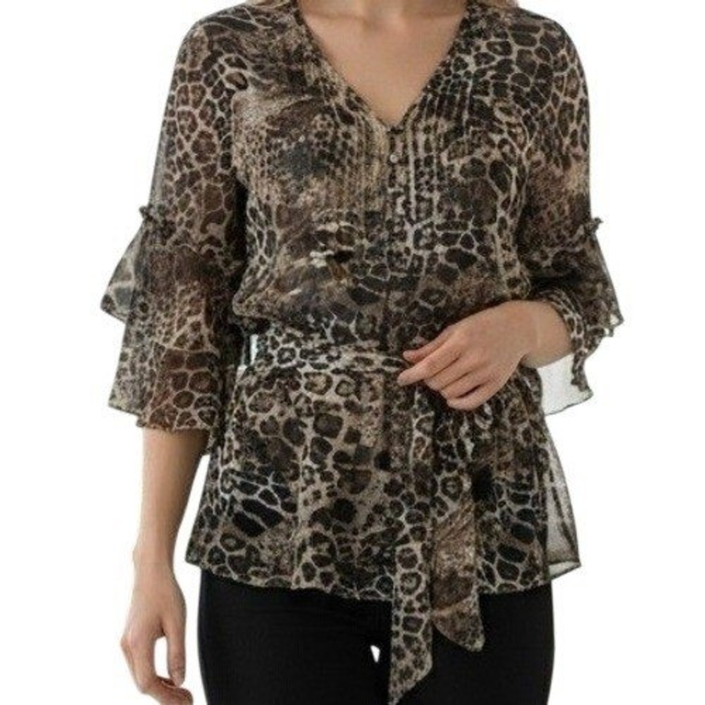 ALBERTO MAKALI Animal Print Ruffle Sleeve Belted Rhinestone Blouse EUC Small